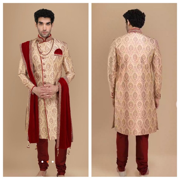 Ravishing Fawn Wedding Sherwani Gold jacquard w maroon red top - Picture 1 of 10